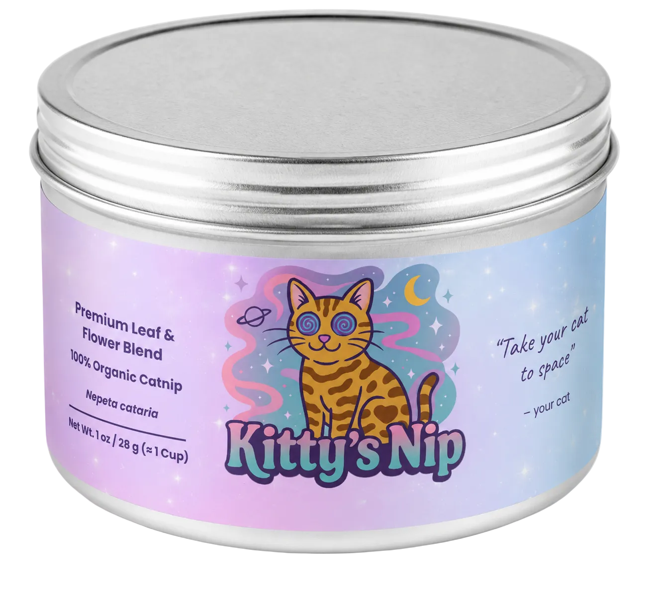 Catnip container with a colorful label featuring a cat illustration and text.
