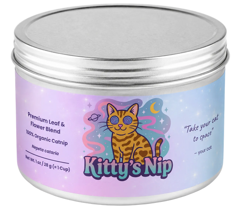 Catnip container with a colorful label featuring a cat illustration and text.