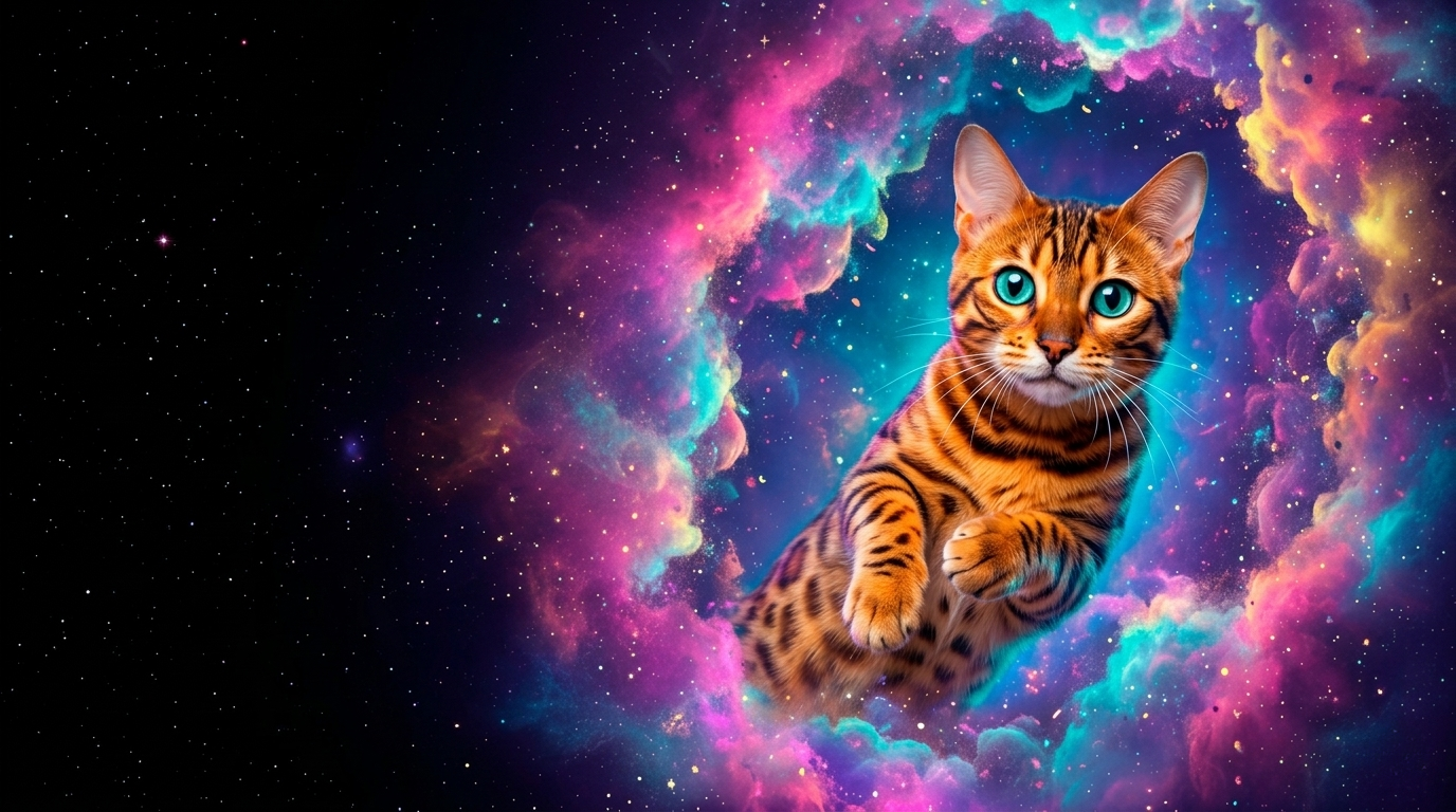 A cat soaring through a colorful nebula